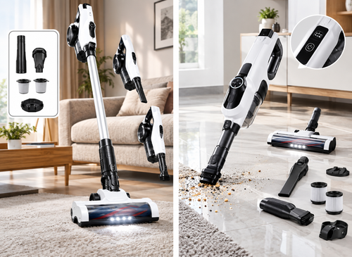 Aspirateur balai sans fil avec phare LED, dans un salon, et ses accessoires