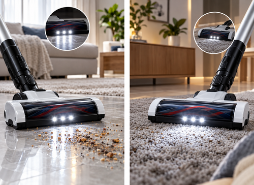 Aspirateur balai sans fil sur tapis et carrelage, phare LED allumé
